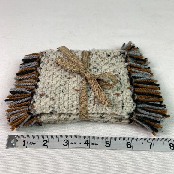 Mug Rugs Handmade Crochet Brown Gray Variegated Felt Backed Fringe 4 Coasters - Picture 10 of 11